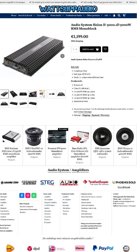 Audio System Helon H-5000.1D 5000W RMS monoblok, Auto diversen, Autospeakers, Info@optimount.nl, Nieuw, Ophalen of Verzenden, Anholtseweg 48A 7091 HB DINXPERLO