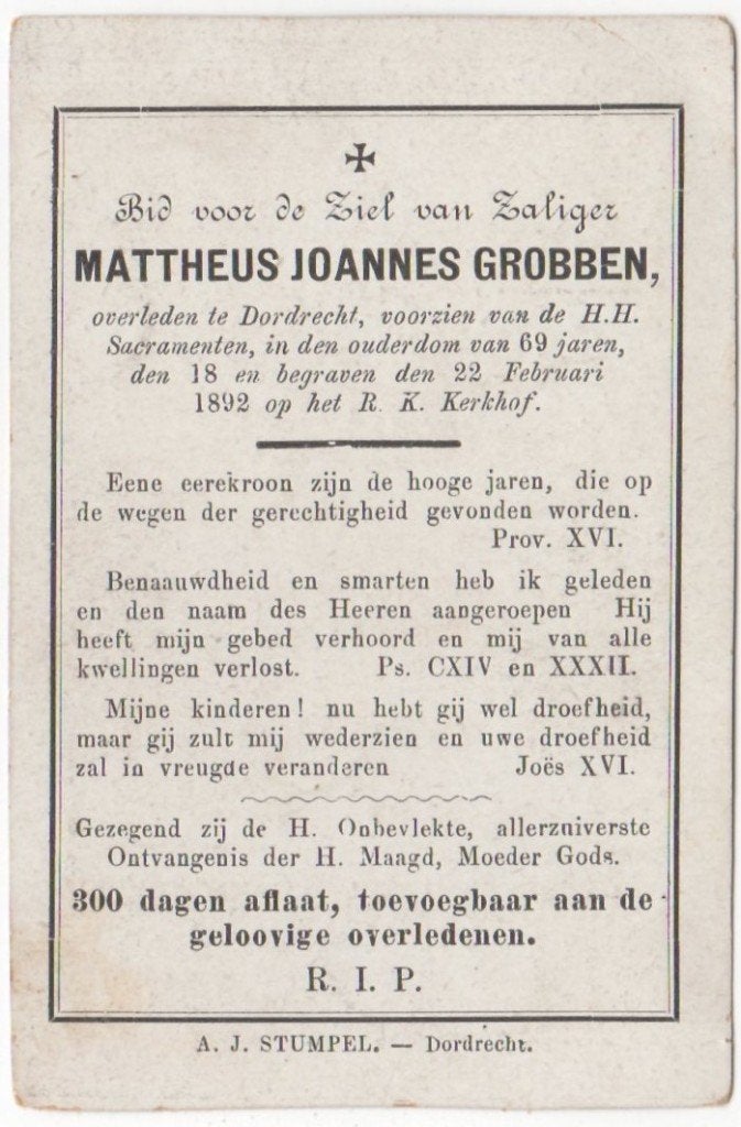 Mattheus J. Grobben 1822 Dordrecht + 1892 Dordrecht, 69 jr, Ophalen of Verzenden