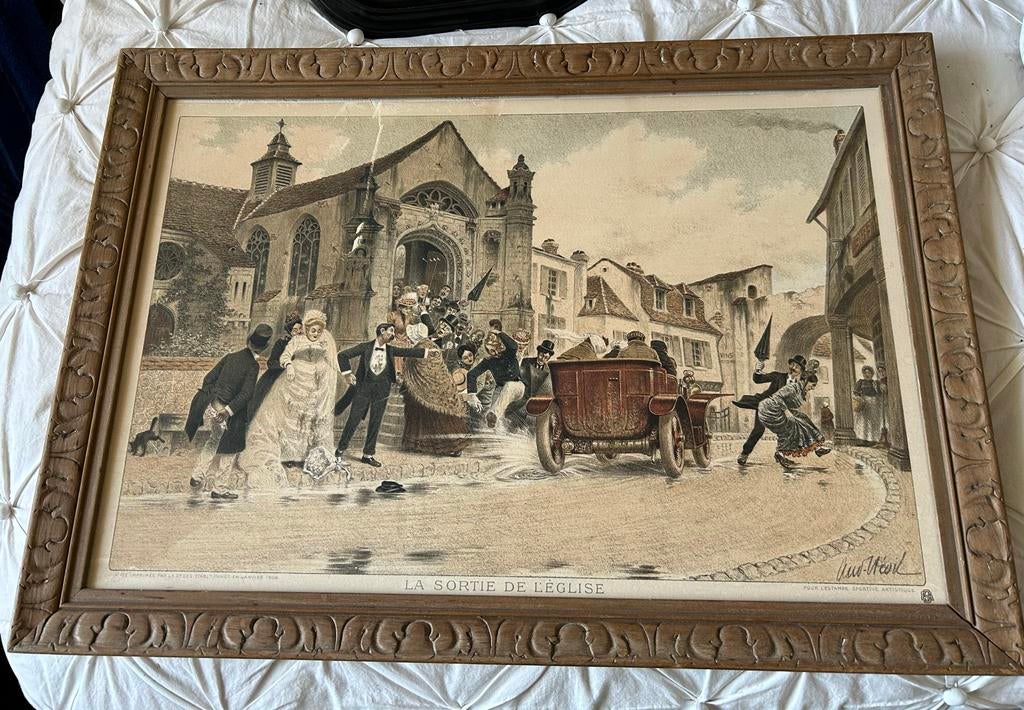 Grote Franse prent La Sortie de l'Église 1906 bruiloft kerk, Antiek en Kunst, Kunst | Etsen en Gravures, Dagelijks leven, Overige technieken