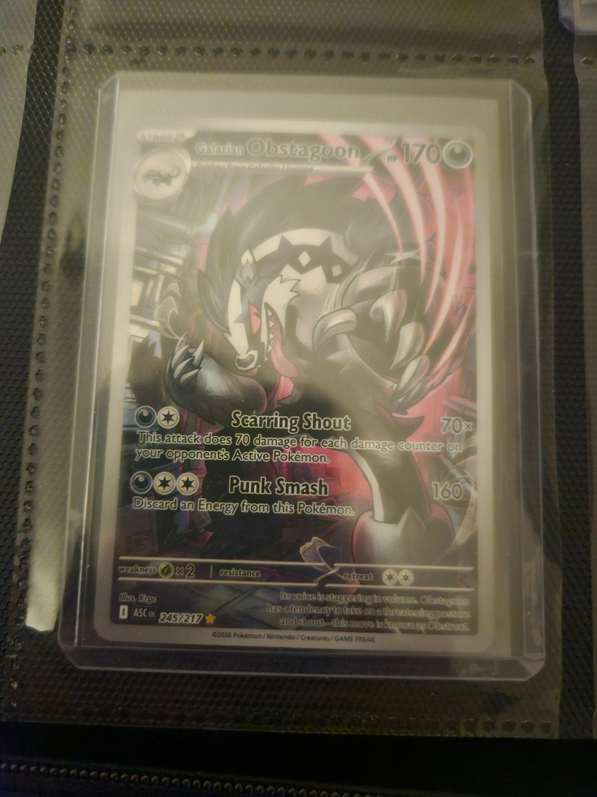 Pokemon Galarian Obstagoon 245/217 Ascended Heroes, Hobby en Vrije tijd, Ophalen of Verzenden, Zo goed als nieuw, Losse kaart