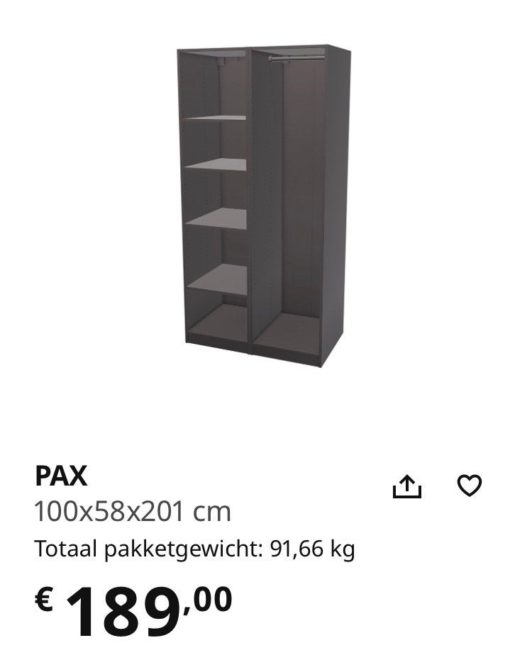 IKEA PAX kast 201x100 cm zwart, Ophalen, 50 tot 75 cm, 200 cm of meer