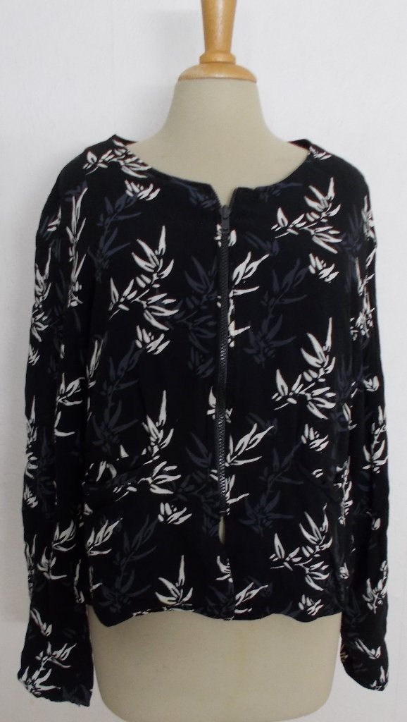 Leuk zwart print top/jasje met rits! L, Maat 42/44 (L), Zo goed als nieuw, Lange mouw, Meerkleurig