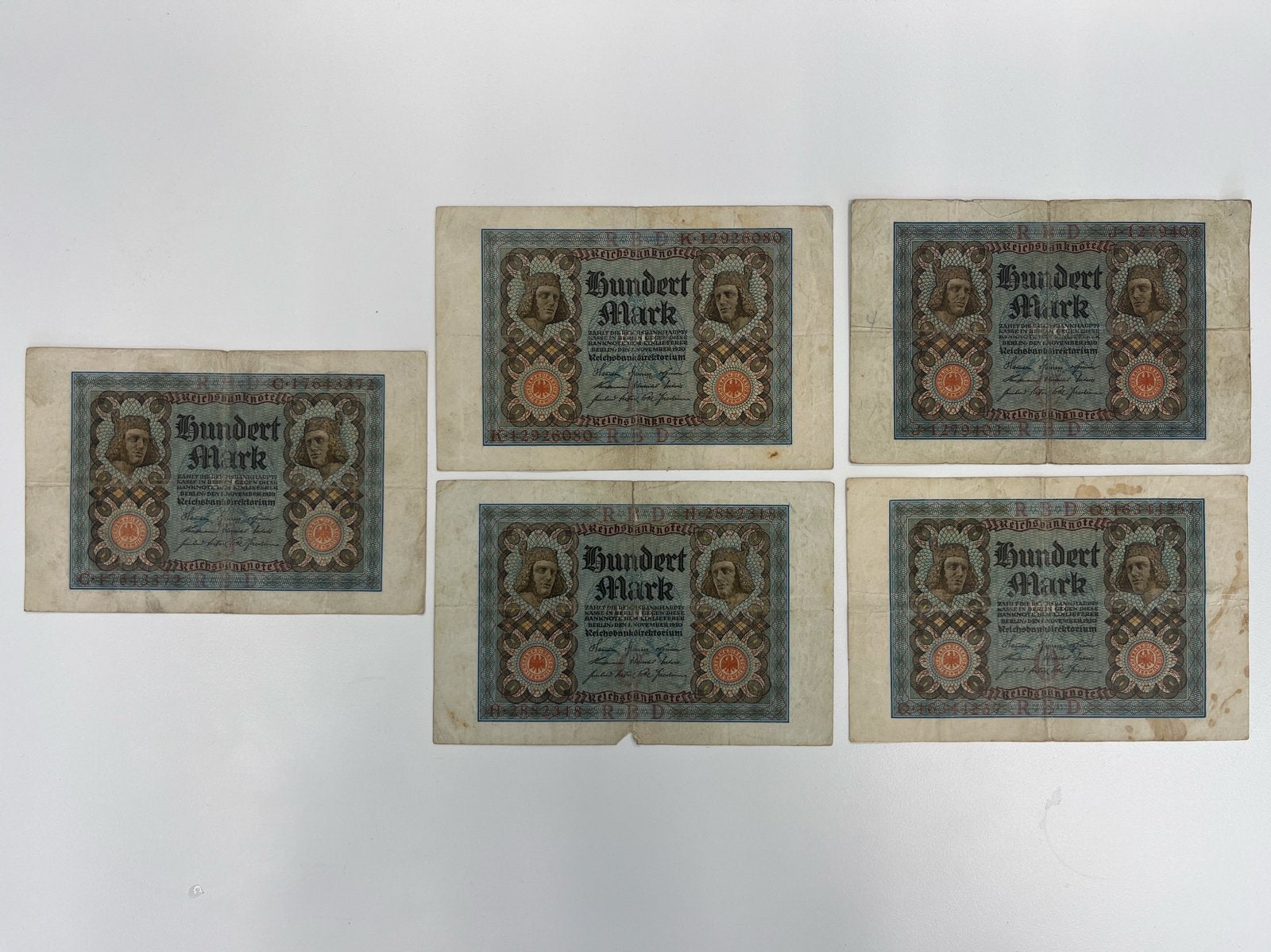 5x Reichsbanknote 100 Mark 1920 - Duitsland, Ophalen of Verzenden, Duitsland, Setje
