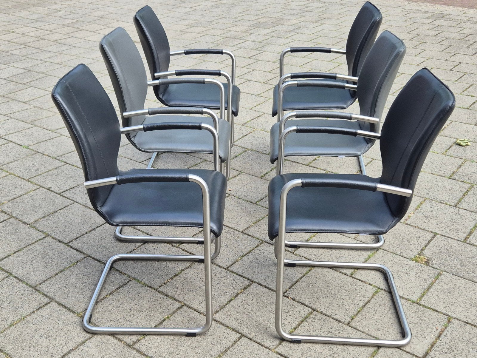 6x Bree's New World Lunette design eetkamerstoelen Leder, Ophalen, Bertp lantagie stijl, Zo goed als nieuw, Grijs