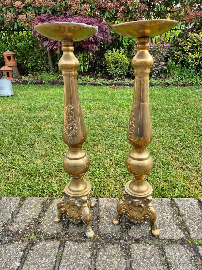 Grote zware messing kandelaars / vloerkandelaars (set van 2), Ophalen, Koper of Brons