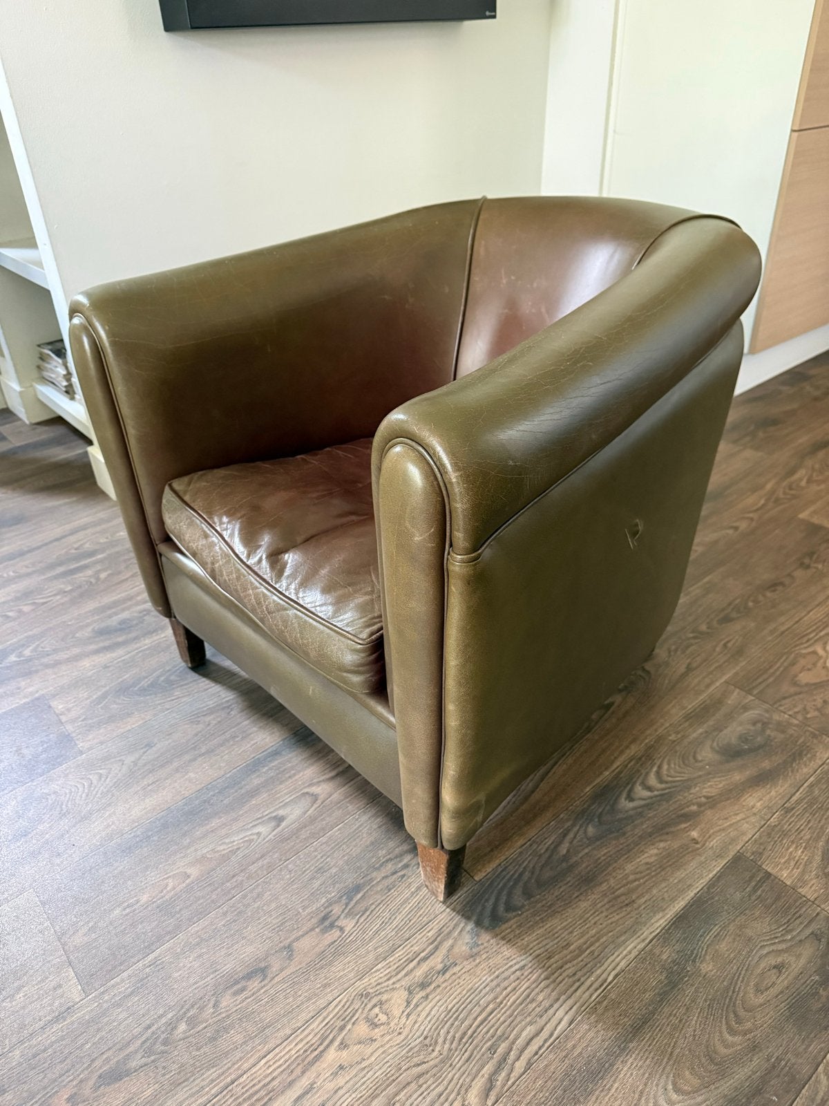 Vintage Leren Fauteuil - Olijfgroen, Ophalen, Gebruikt, 75 tot 100 cm, Leer