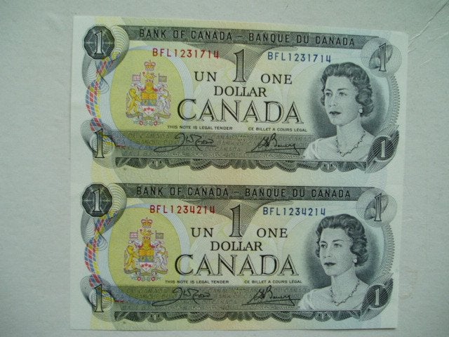 991. Canada, 2 X 1 dollar 1973 UNC Uncut Banknotes., Verzenden, Noord-Amerika, Setje