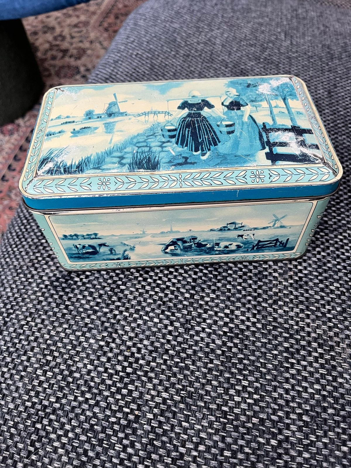 Oude Hollandse koektrommel met Delfts blauw decor, Ophalen of Verzenden