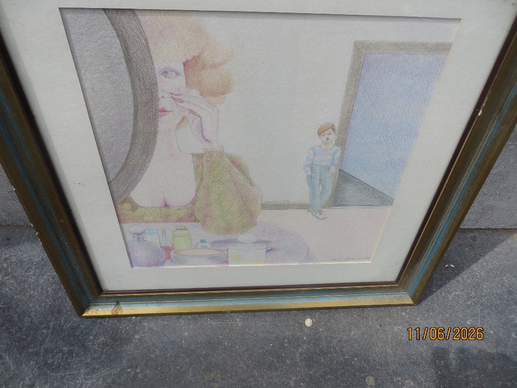 Gesigneerd Pastel schilderij Vrouw maakt zich op met jongen, Antiek en Kunst, Kunst | Schilderijen | Klassiek, Ophalen of Verzenden