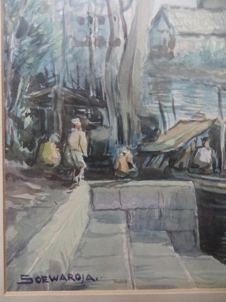 Soewardja, Mooie Indonesische Aquarel Taf. a/h water, Antiek en Kunst, Ophalen