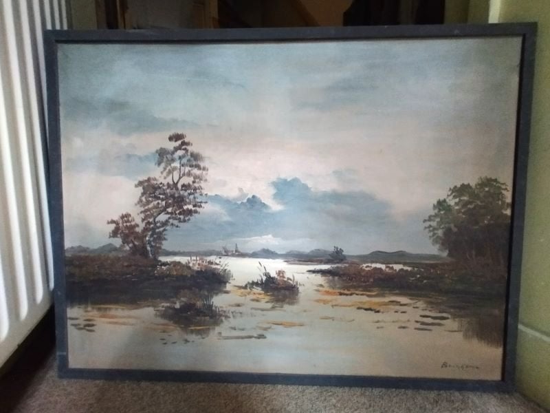 Schilderij Moeras met wolkenlucht, boom en rietkragen, Ophalen of Verzenden, Klassiek, Gesigneerd, Maritiem / water