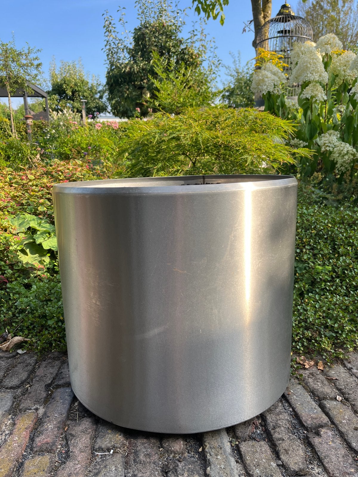 RVS Bloempot/Plantenbak op wieltjes - Ø50cm H40cm, Ophalen, Gebruikt, Rond, Binnen