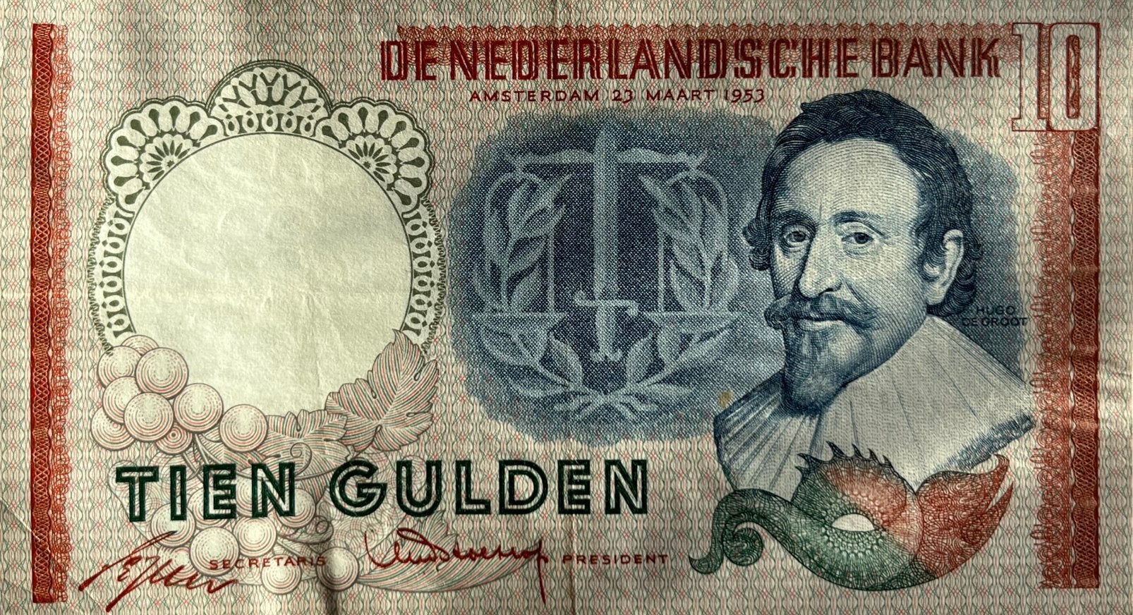 Tien gulden 1953 Hugo de Groot, Postzegels en Munten, Bankbiljetten | Nederland, Ophalen of Verzenden, 10 gulden, Los biljet