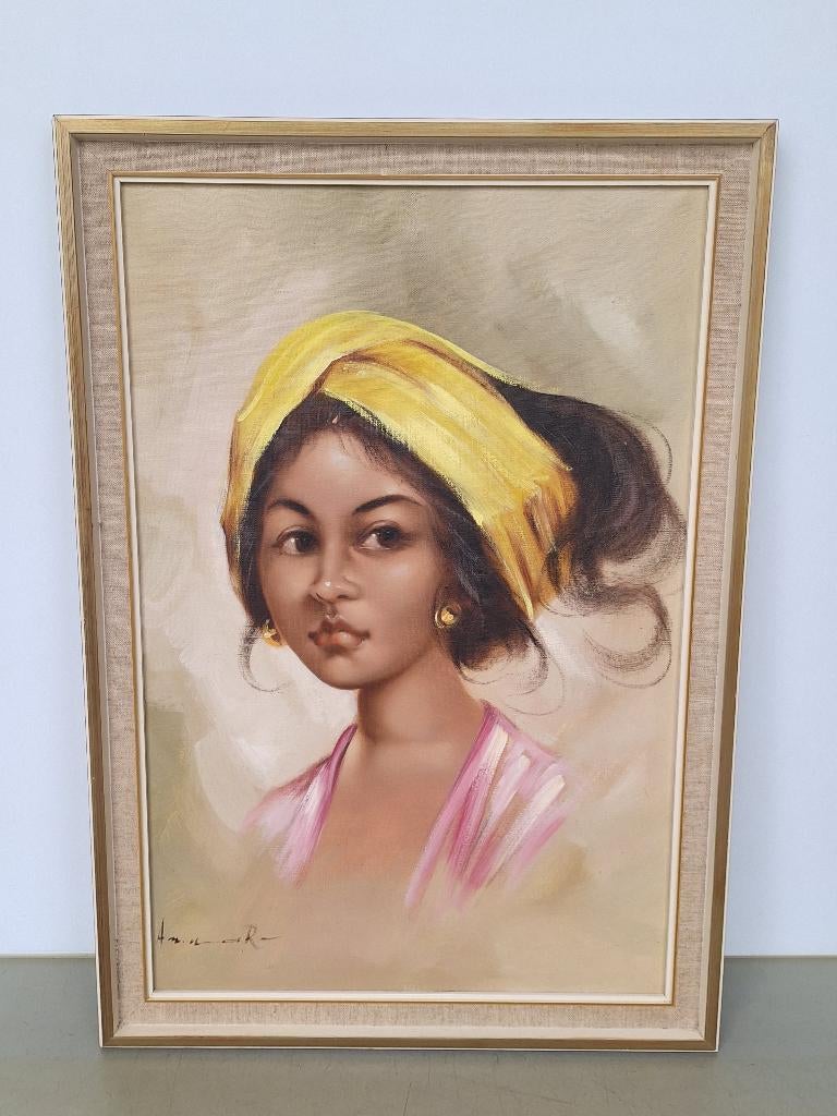 vintage schilderij Oosterse Balinese vrouw in lijst 46x66cm, Ophalen of Verzenden