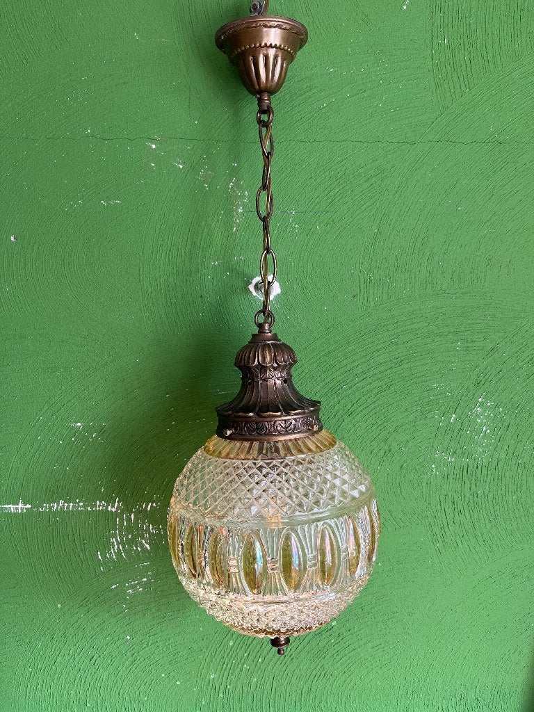 Vintage Glazen Hanglamp - Messing & Relief Glas, Ophalen, Gebruikt, Glas, Art Deco
