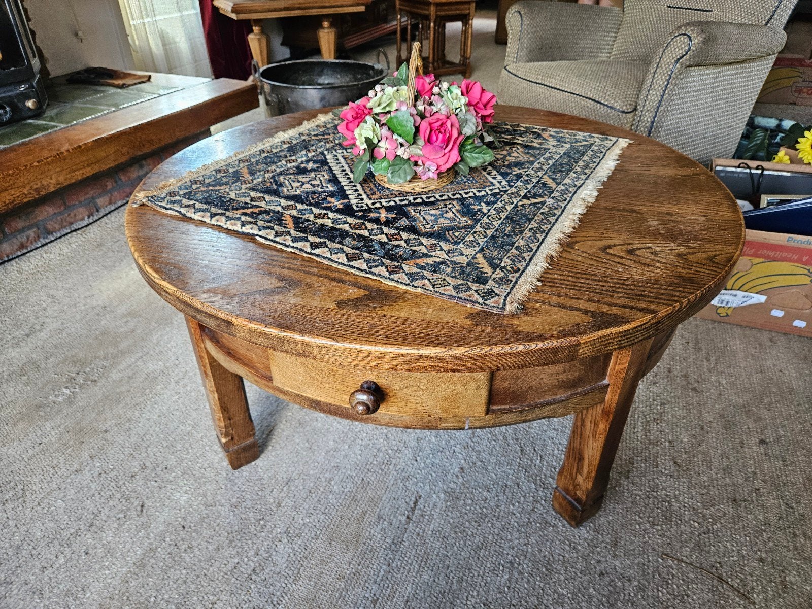 ronde eiken tafel met 4 laden, Huis en Inrichting, Tafels | Salontafels, Ophalen, Gebruikt, Rond, 100 tot 150 cm