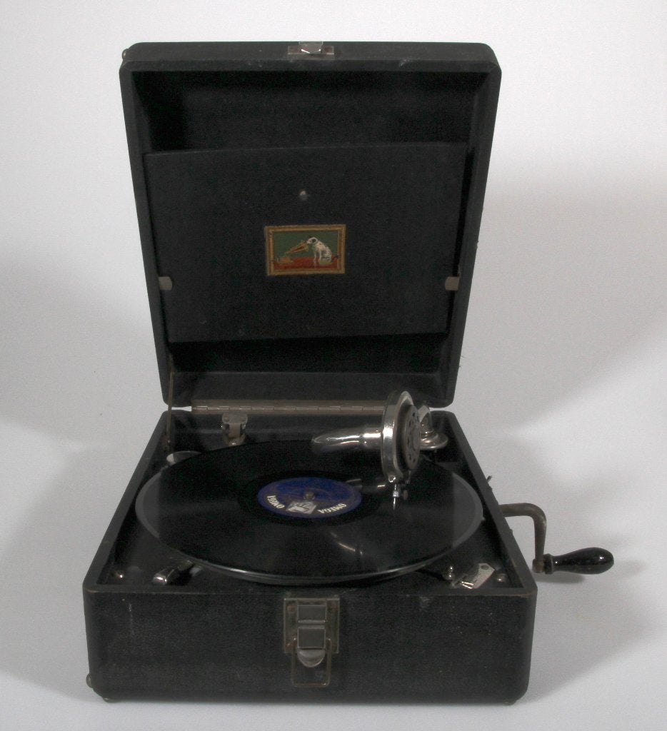 Antieke grammofoon in koffer met 2 platen, Antiek en Kunst, Ophalen of Verzenden