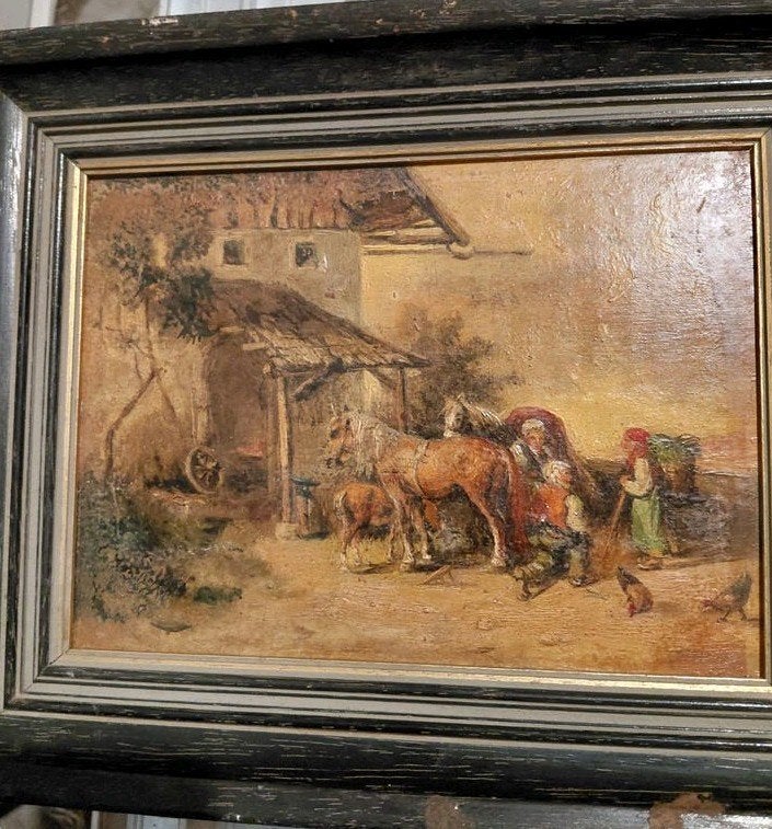 Oud Schilderij: Landelijk Tafereel met Paarden en Figuren, Antiek en Kunst, Kunst | Schilderijen | Klassiek, Ophalen of Verzenden