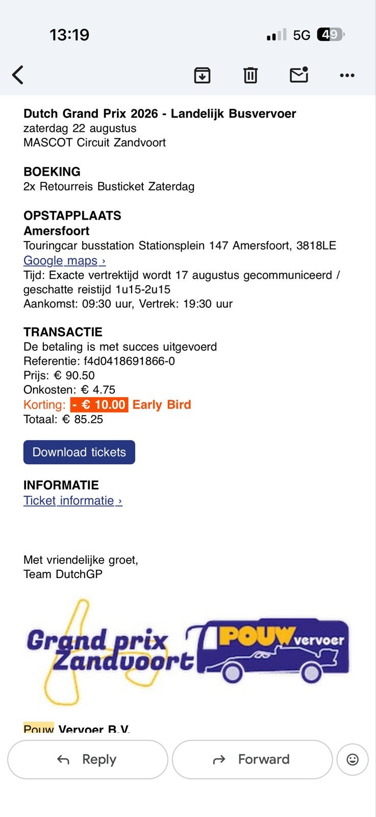 2 buskaartjes amersfoort - F1 zandvoort voor zat 22/8, Eén persoon, Vliegtuig, Met bestemming of datum