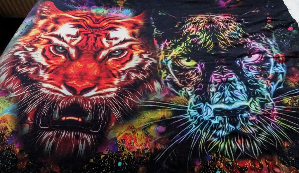 Kleurige Tijger en Panter kop stretch-katoenen doek 115x145, 115 cm, 145 cm, Verzenden, Meerkleurig