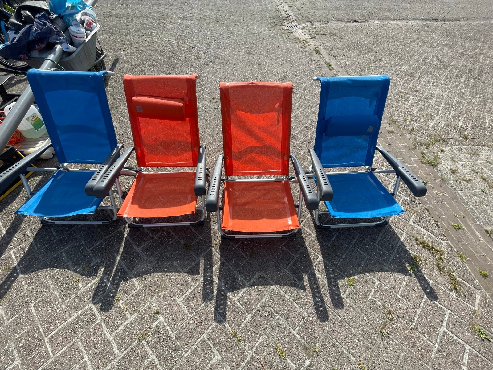 4 Campingstoelen - Blauw en Oranje, Caravans en Kamperen, Ophalen, Gebruikt, Campingstoel