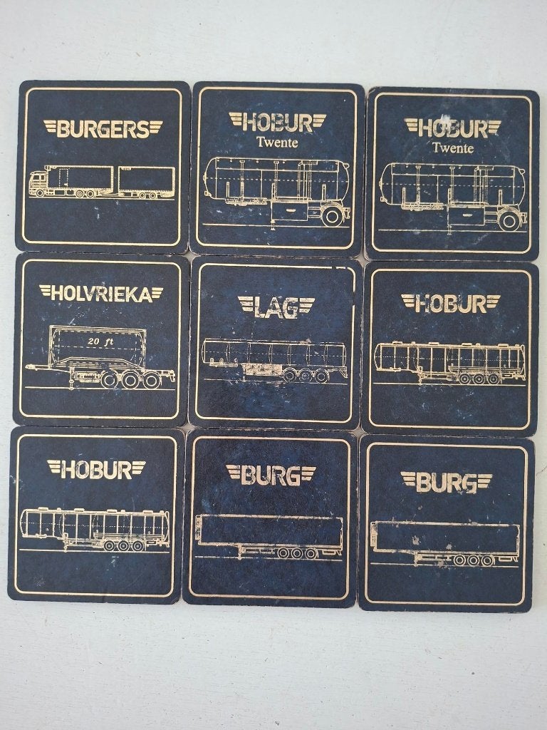 9 vintage onderzetters vrachtwagen trailers trucks, Ophalen of Verzenden, Gebruikt, Auto's