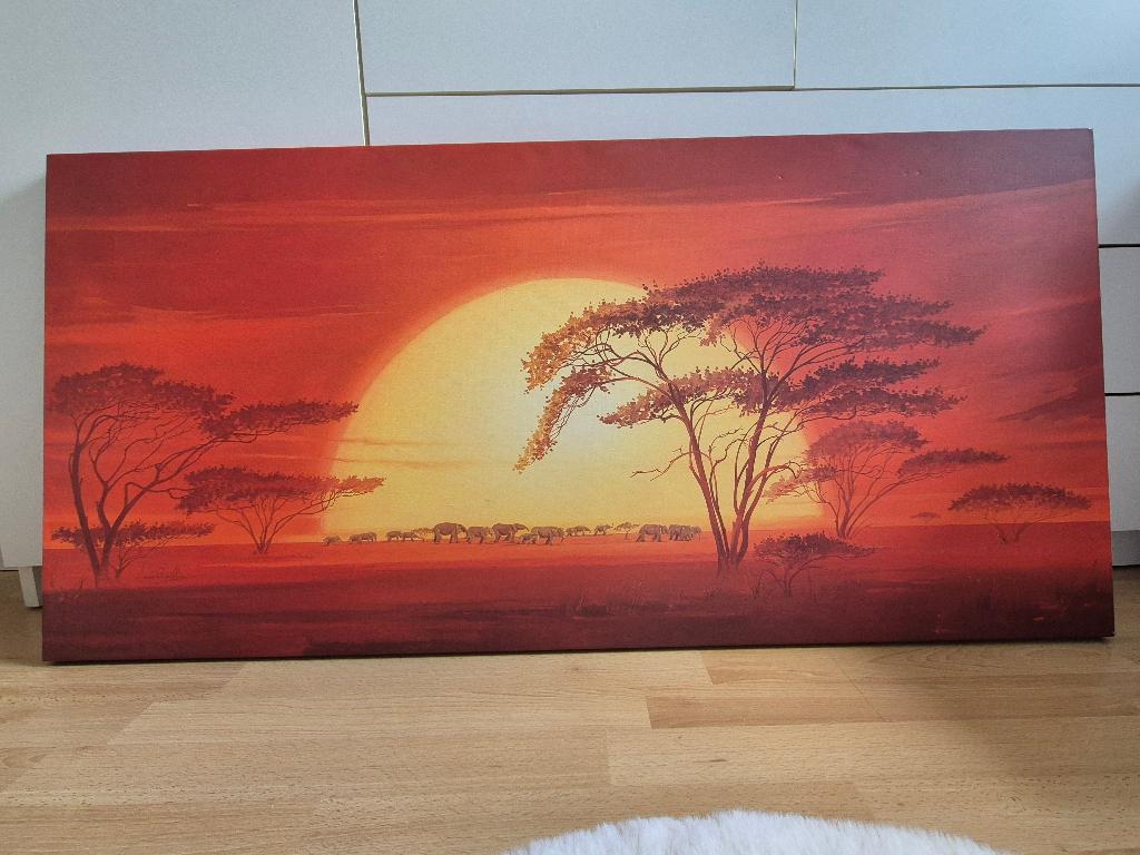 Canvas schilderij van savanne met zonsondergang, Antiek en Kunst, Ophalen