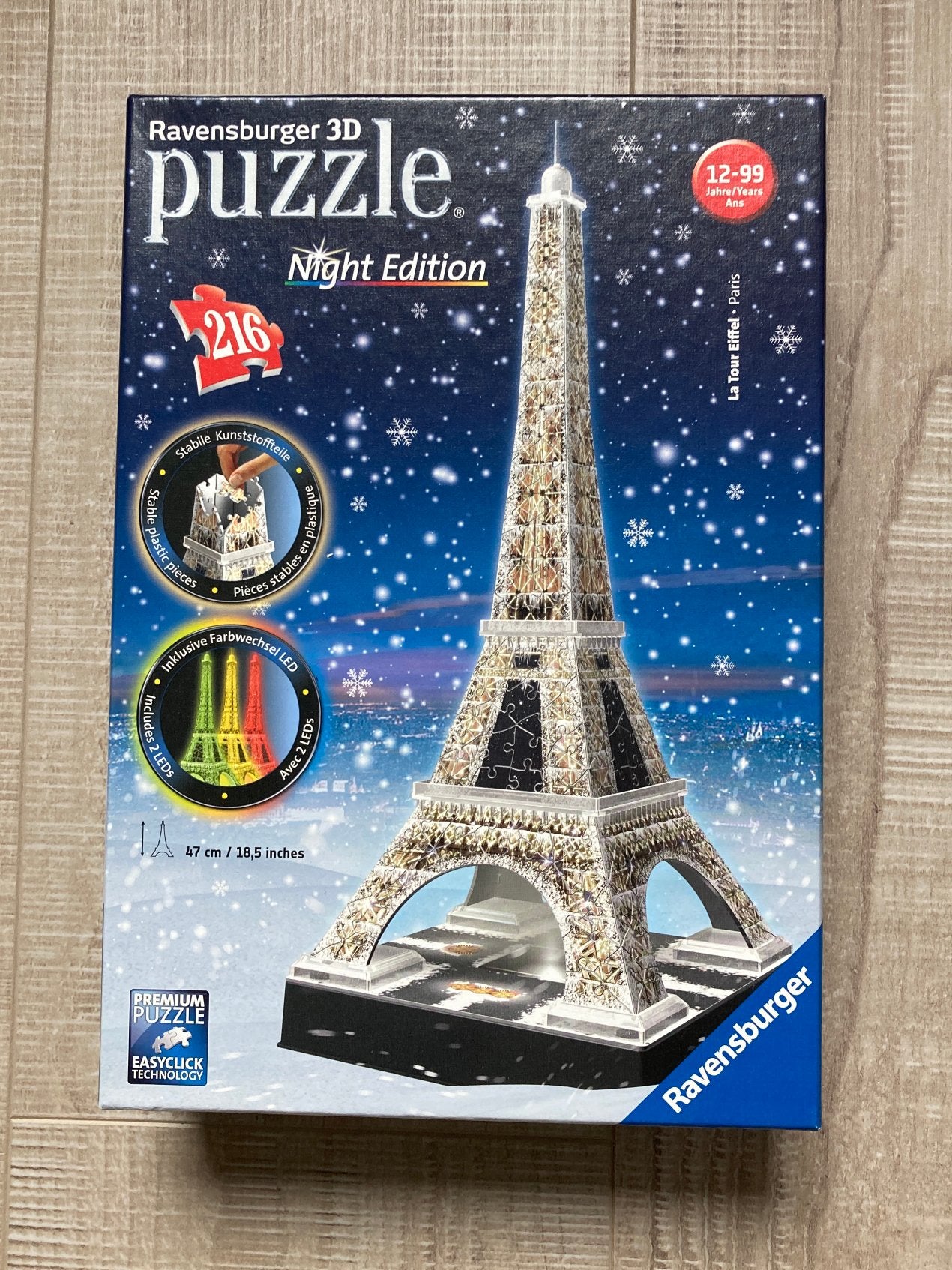 Ravensburger 3D puzzel Eiffeltoren night edition., Hobby en Vrije tijd, Ophalen of Verzenden, Minder dan 500 stukjes, Zo goed als nieuw