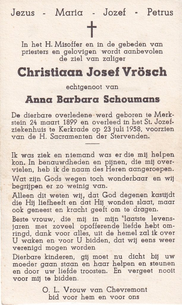 Vrösch Christiaan 1899  Merkstein 1958 Kerkrade, Ophalen of Verzenden, Bidprentje
