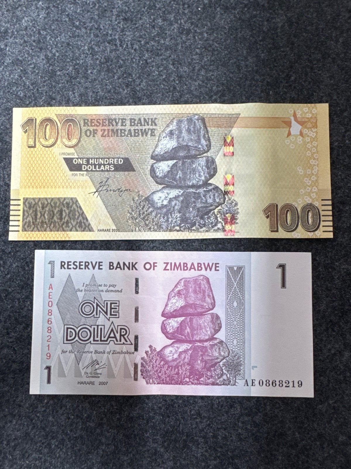 Setje van 2 Zimbabwaanse dollar biljetten: 1 en 100 dollar, Ophalen of Verzenden, Zimbabwe, Setje