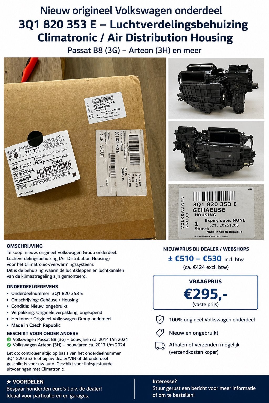 NIEUW - Volkswagen 3Q1 820 353 E - luchtverdelingsbehuizing, Ophalen of Verzenden, Nieuw, Volkswagen