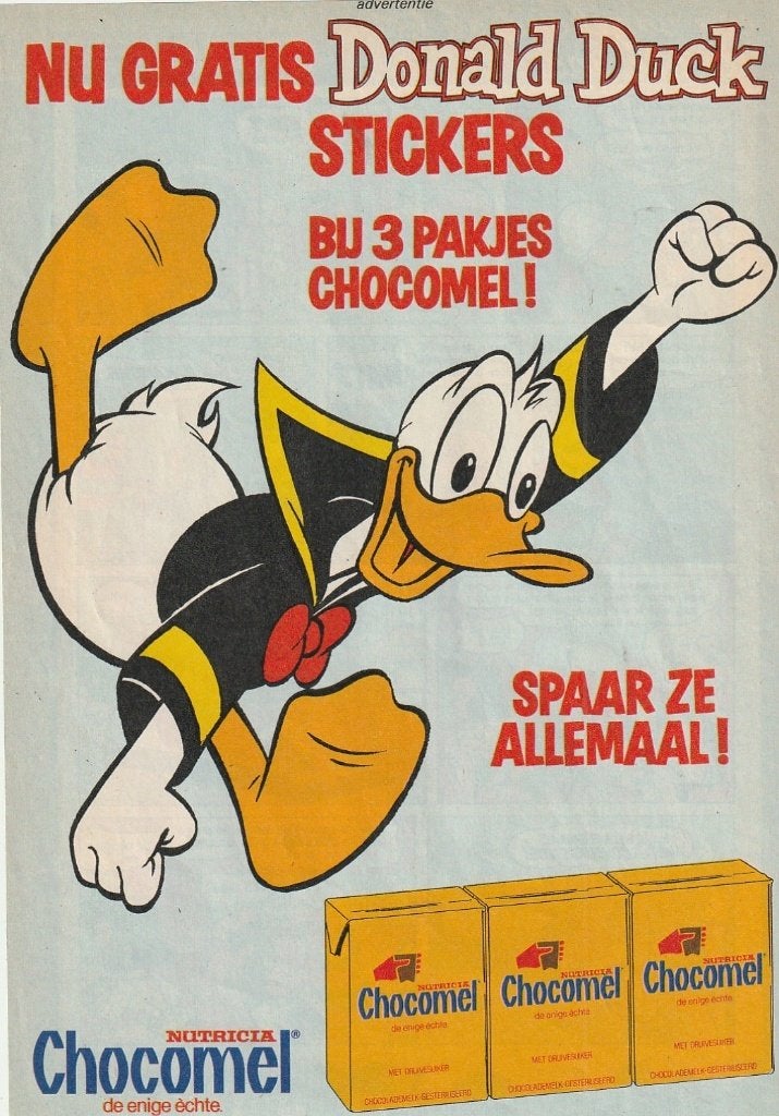 Retro reclame 1984 Nutricia Chocomel Donald Duck stickers, Verzenden, Overige typen