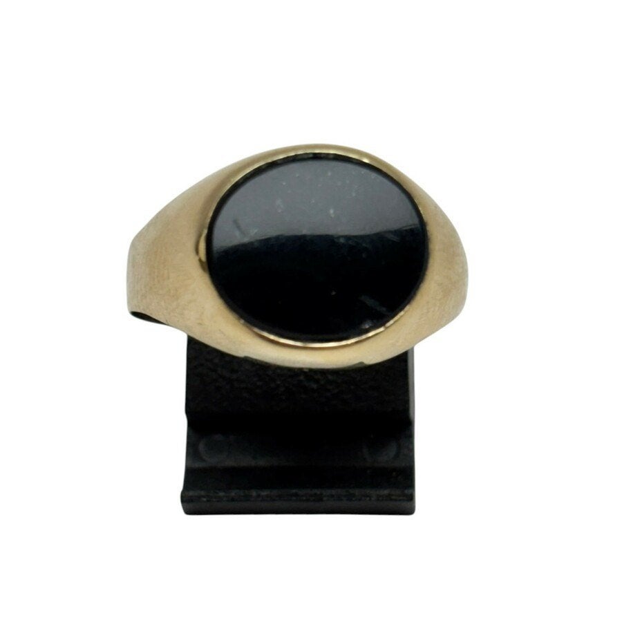 Zegelring met ronde zwarte onyx in 14k goud, 18 tot 19, Zwart, Heer, Nieuw