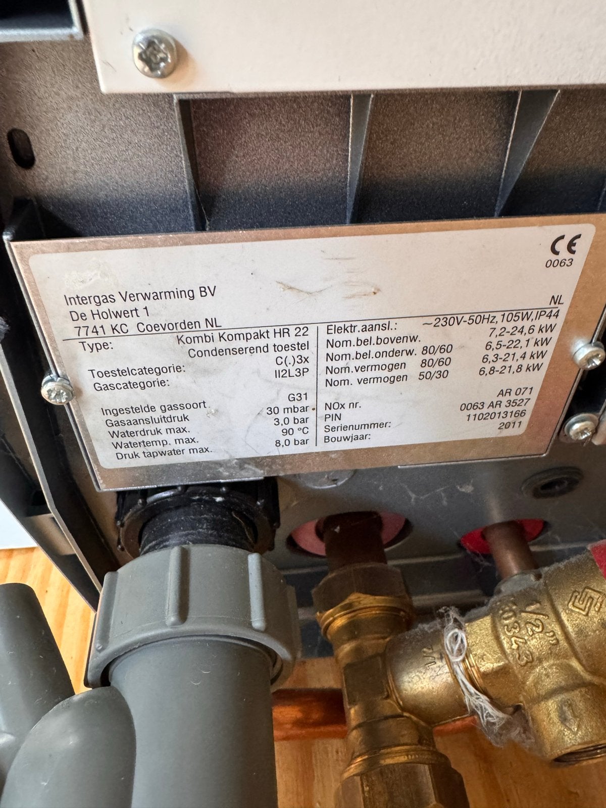 Intergas Kompakt HR 22 CV-ketel, bouwjaar 2011, Ophalen, 30 tot 80 cm, Gebruikt, Hoog rendement (Hr)