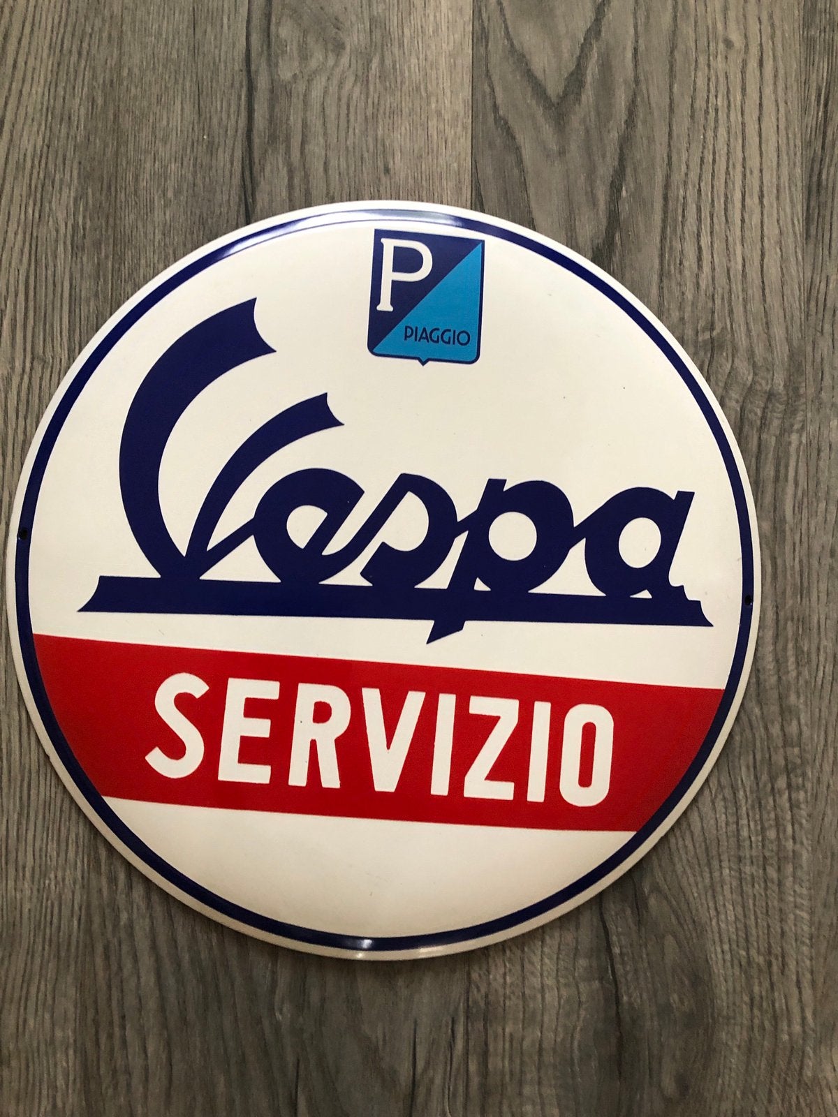 Emaille Vespa servizio Piaggio Italiaans rond 40 cm, Ophalen of Verzenden, Zo goed als nieuw, Reclamebord