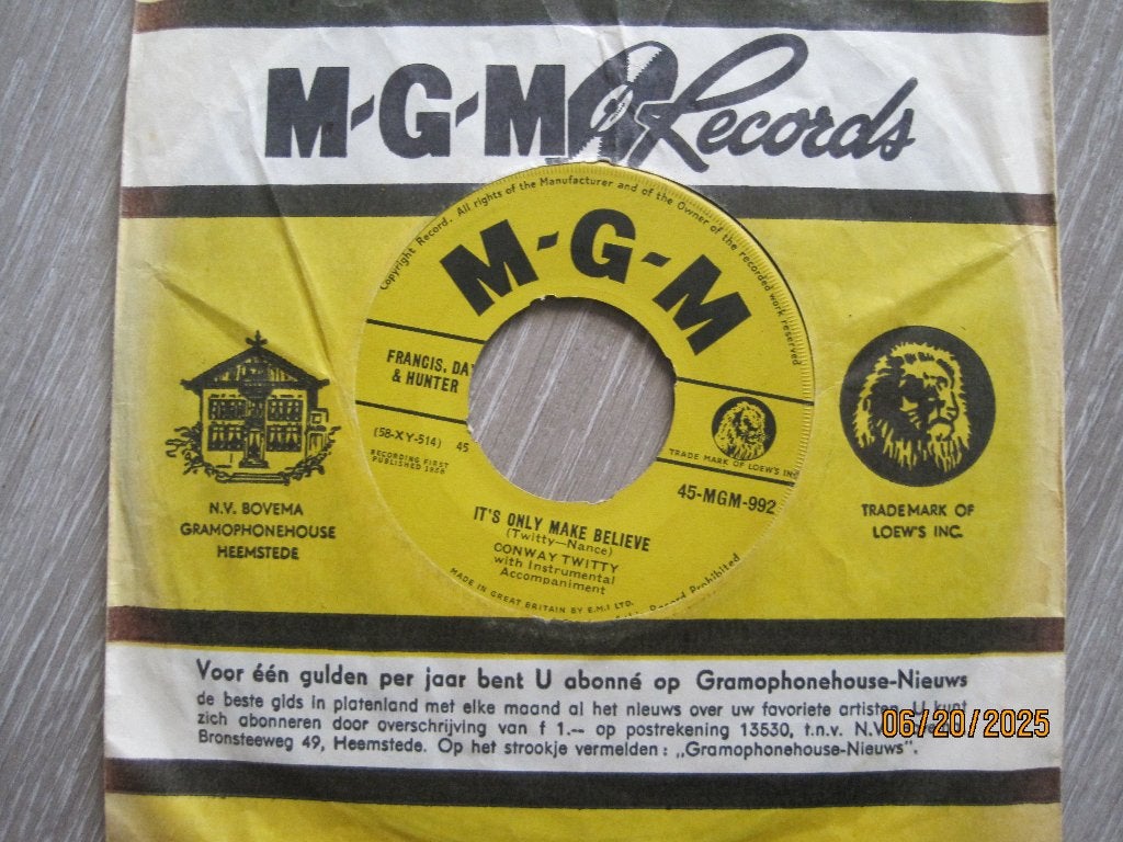 Conway Twitty   -   It's only make believe, 7 inch, Ophalen of Verzenden, Zo goed als nieuw, Overige typen