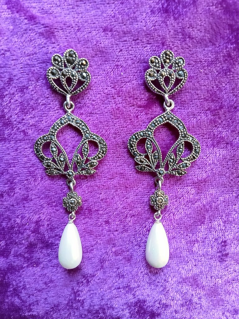 Prachtige Lange Zilveren Jugendstil Oorstekers - Parel drup, Sieraden, Tassen en Uiterlijk, Antieke sieraden, Verzenden, Zilver