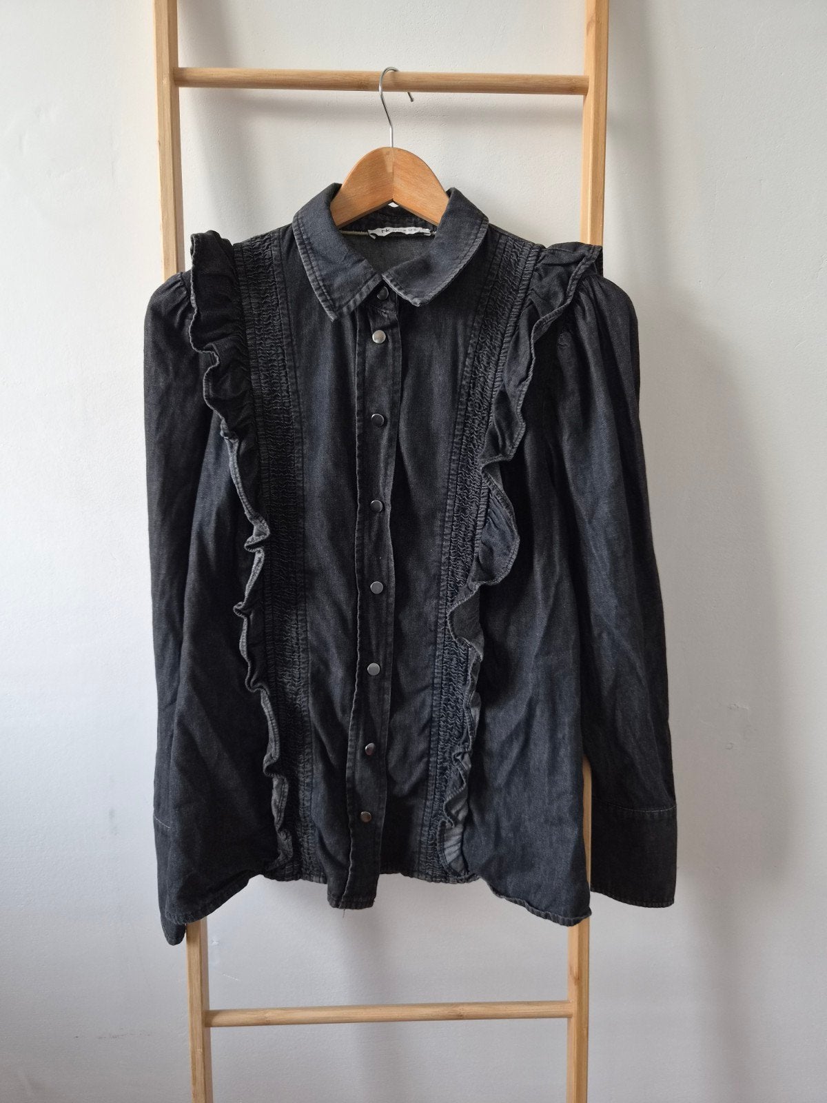 Grijze spijkerblouse met drukknoopjes Nukus, Ophalen of Verzenden, Zo goed als nieuw, Maat 36 (S), Grijs