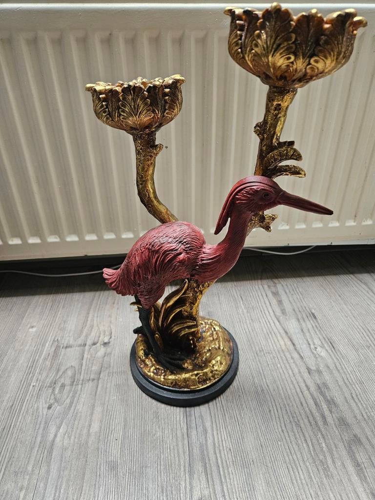 Vintage Kandelaar met Rode Ibis Vogel - Goudkleurig, Antiek en Kunst, Ophalen, Overige materialen