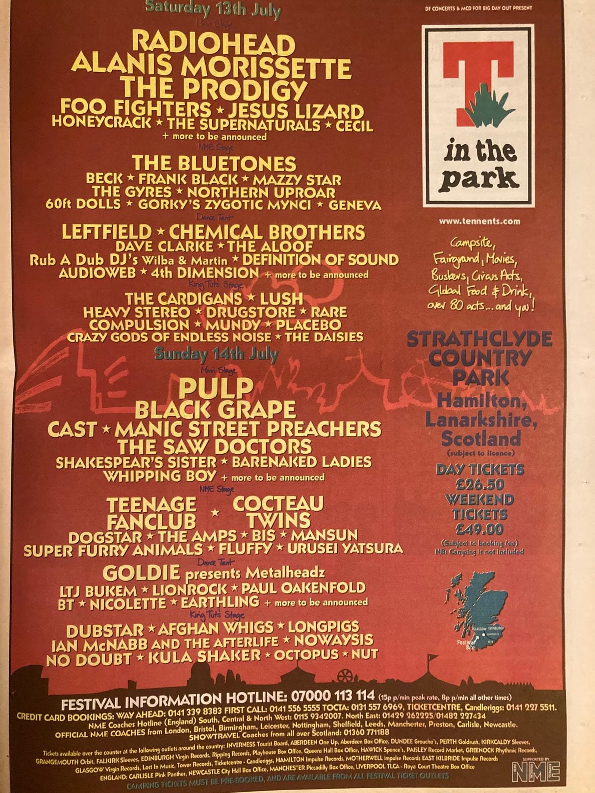 T IN THE PARK FESTIVAL 1995 A3 advertentie Radiohead PRODIGY, Ophalen of Verzenden, Zo goed als nieuw