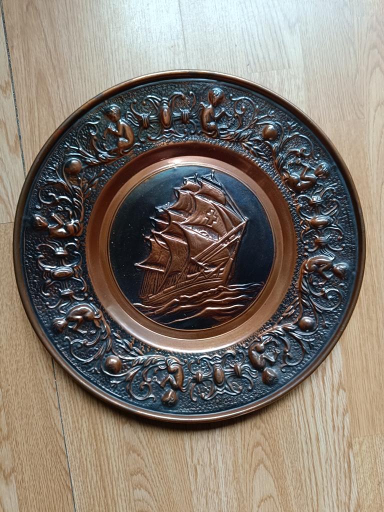 Metalen bord met schip en engeltjes, Antiek en Kunst, Ophalen of Verzenden