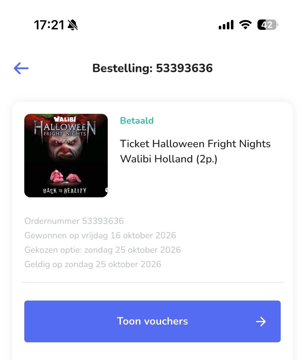 2 tickets Walibi Fright Night zondag 25 oktober, Tickets en Kaartjes, Twee personen, Ticket of Toegangskaart