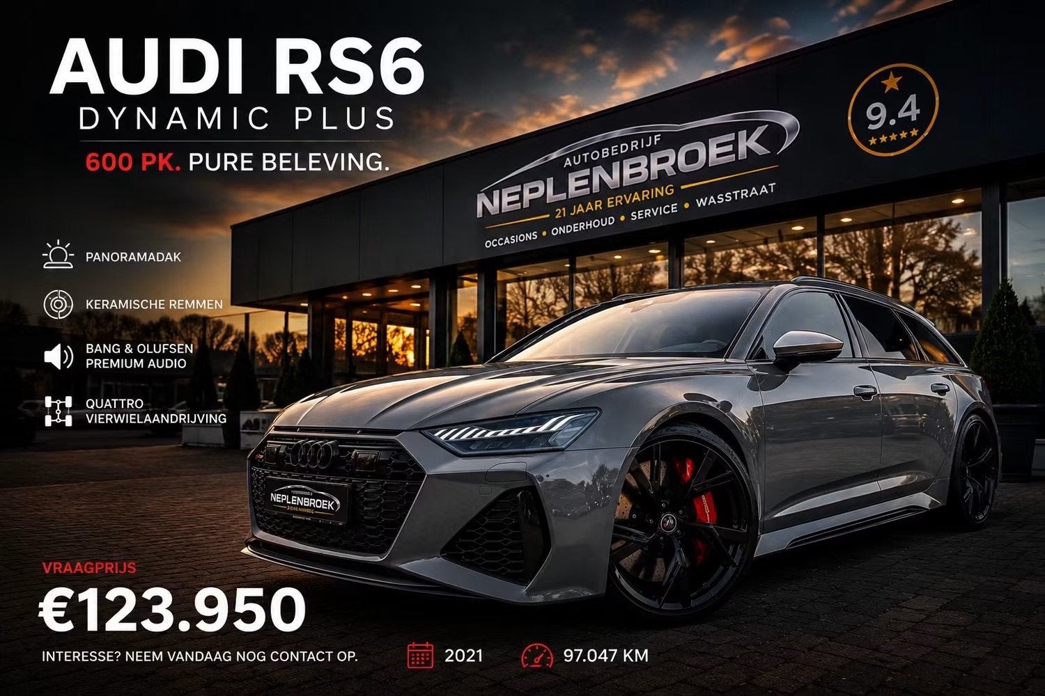 Audi RS6 TFSI quattro Dynamic Plus | Pano | Keramisch | B&O, Automaat, Gebruikt, 138 €/maand, RS6