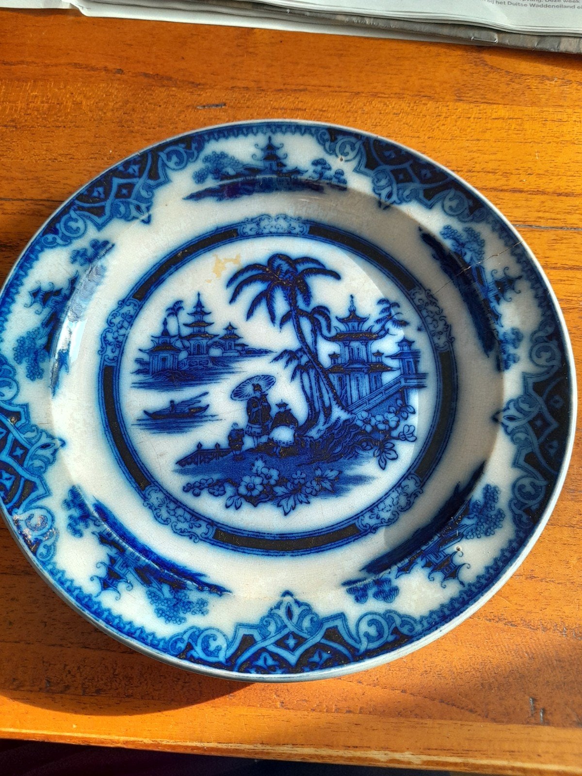 Antiek P. Regout bord met Chinees decor, blauw-wit, Ophalen of Verzenden