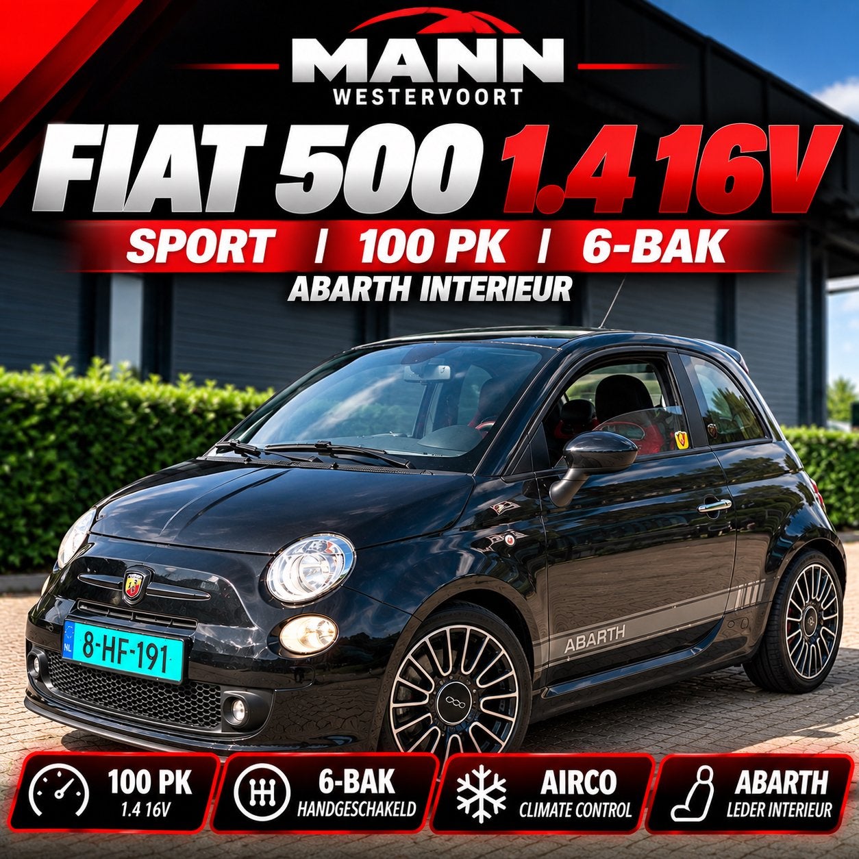 Fiat 500 1.4 16v Sport Abarth APK’27|NAP|Airco|Boekjes|, Auto's, Voorwielaandrijving, 31 €/maand, 4 cilinders, 100 pk