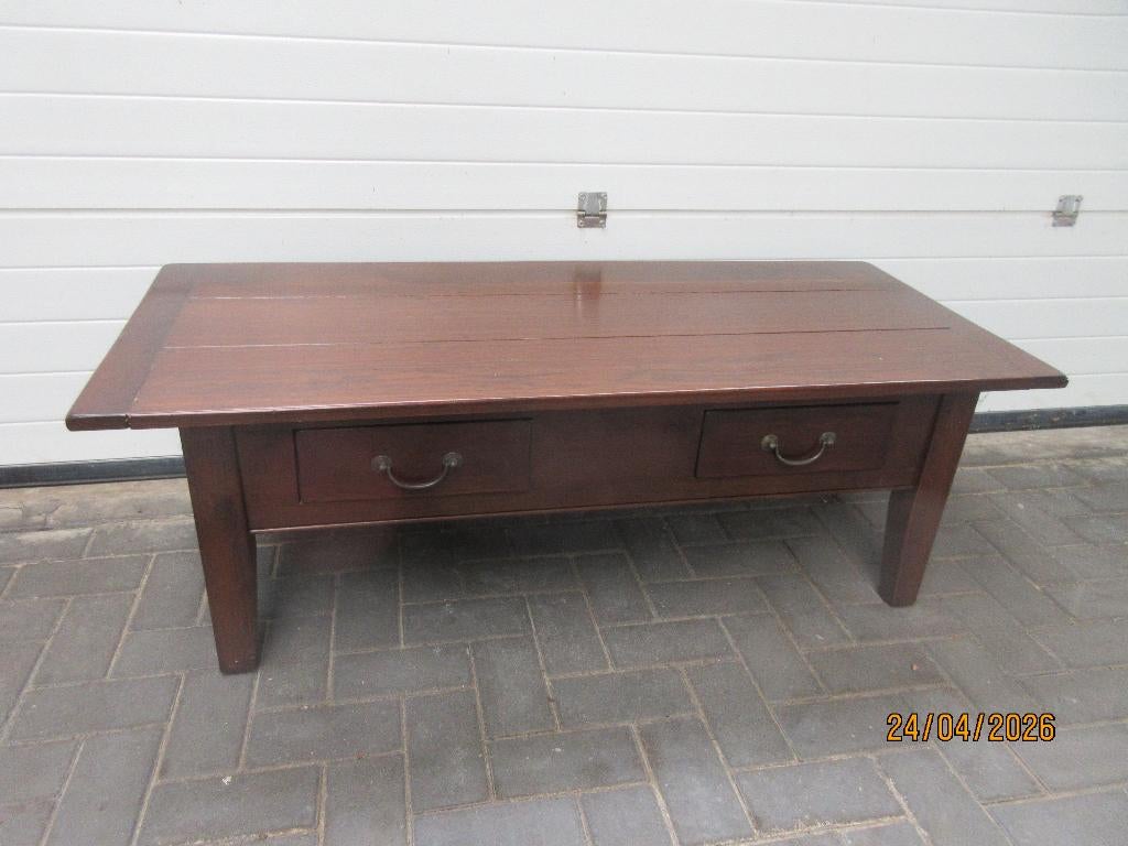 zware donkereiken salontafel met 2 lades., Ophalen, Gebruikt, 100 tot 150 cm, Eikenhout