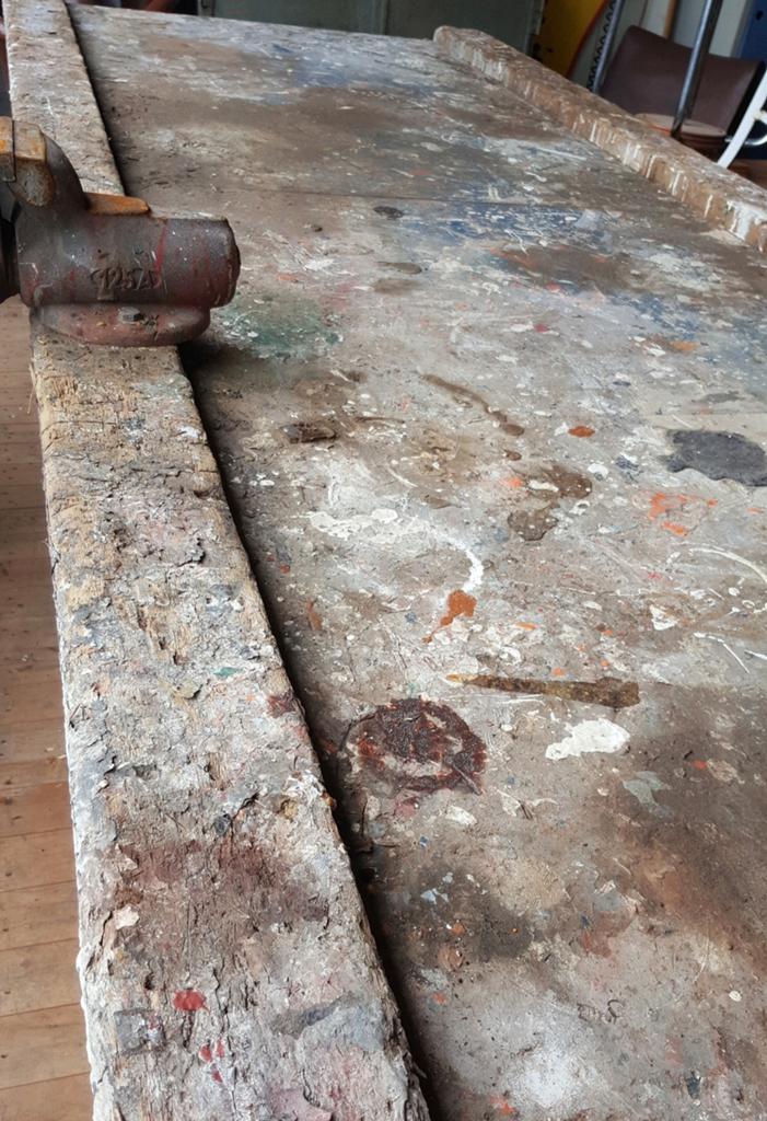 groot vintage houten industrieel blad van oude werkbank, Ophalen, Gebruikt