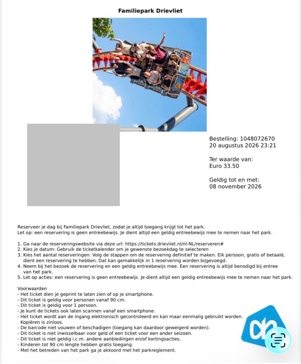 1 kaartje Familiepark Drievliet, Tickets en Kaartjes, Eén persoon, Ticket of Toegangskaart