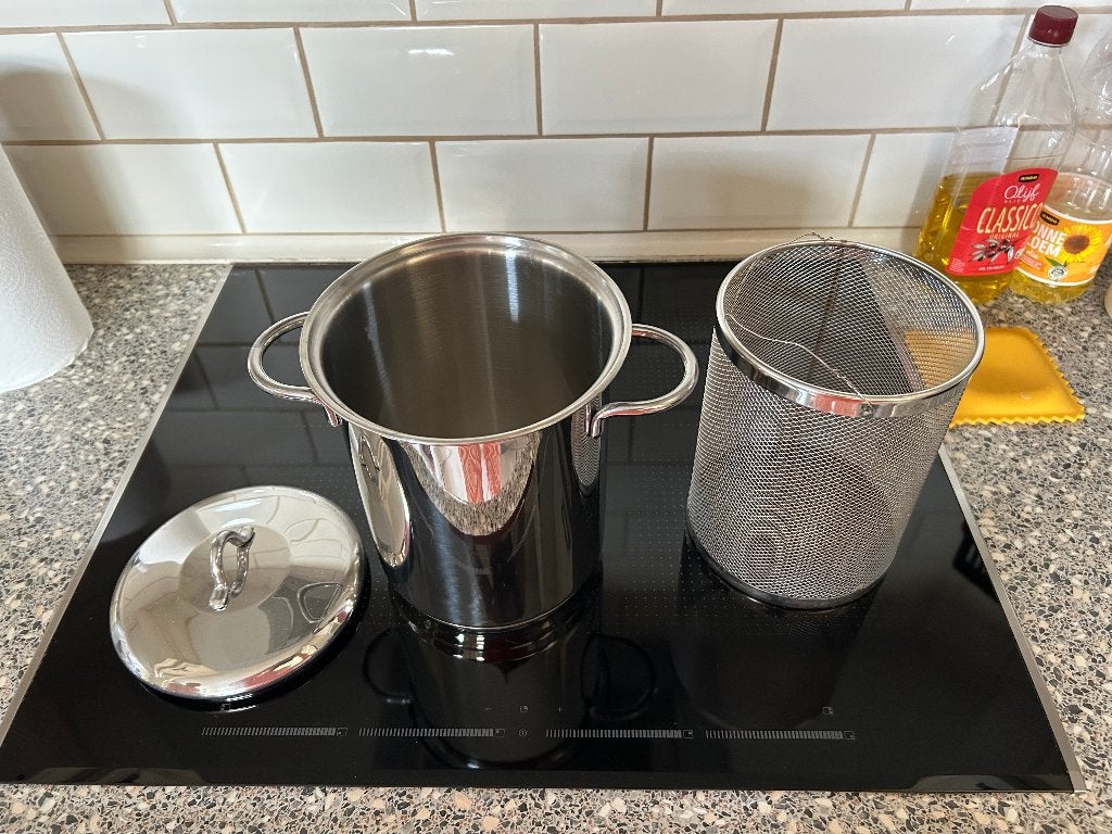 Frabosk Kookpan met deksel en vergiet - 20 cm hoog, 18 cm Ø, Ophalen, Gebruikt, Met deksel, Rvs