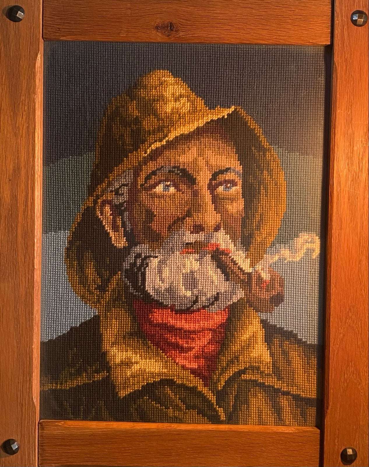 Vintage Gobelin Schilderij: Visser met Pijp (60x50 cm), Ophalen of Verzenden, Gebruikt, Schilderij, 50 tot 75 cm